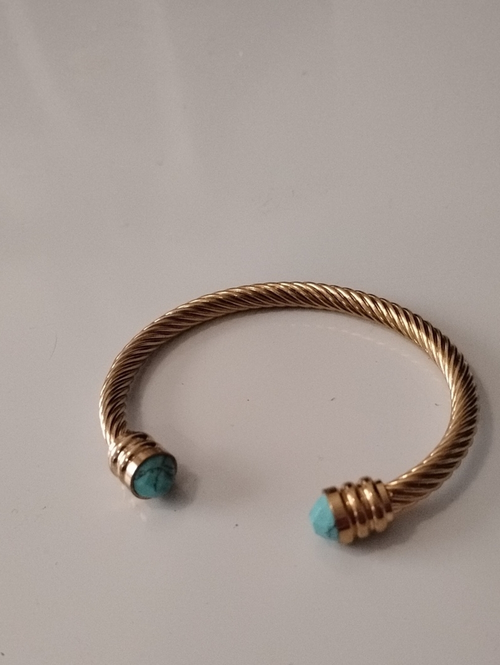 Gold Open Cuff Bracelet with Turquoise Stone Ends 7 Inch